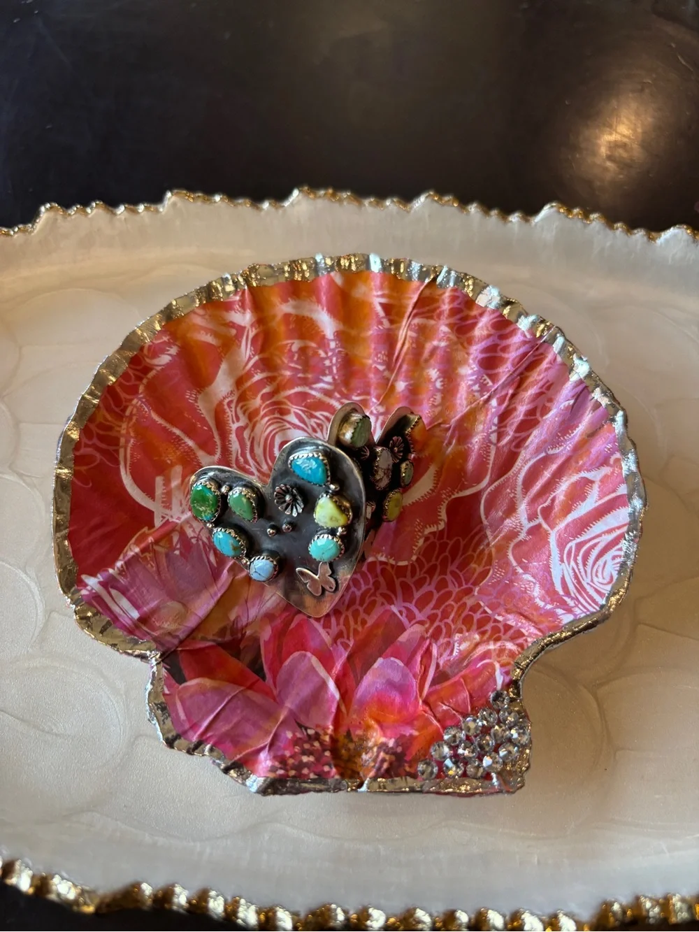 Decorative Pink Shell Trinket Dish with Silver Edge